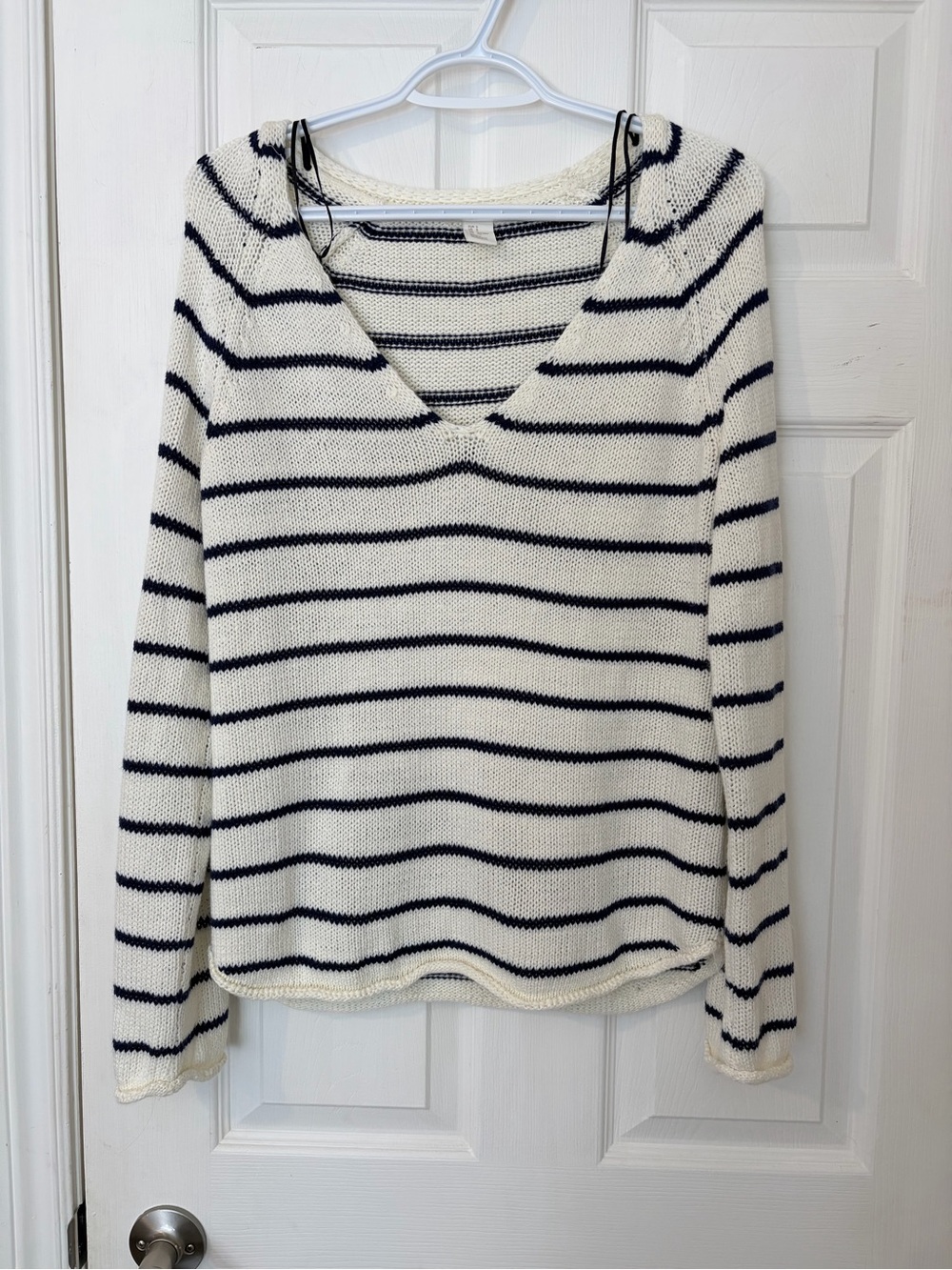 Striped V-Neck Women’s Sweater - Cream & Navy